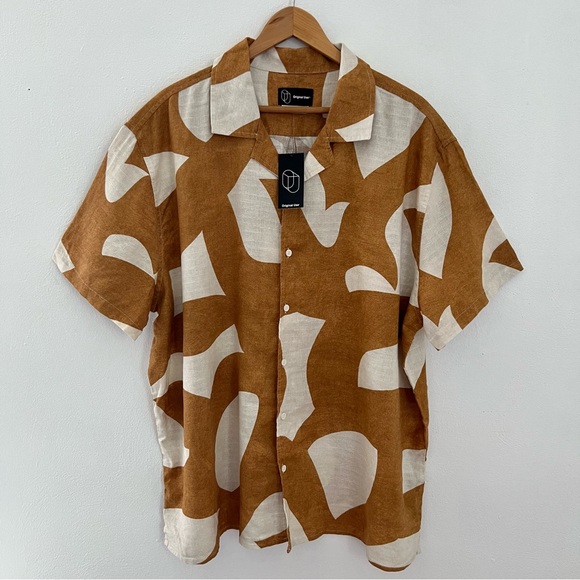 XXL Linen/Cotton Abstract Coastal Print Casual Button Down Collared Shirt - Picture 1 of 8